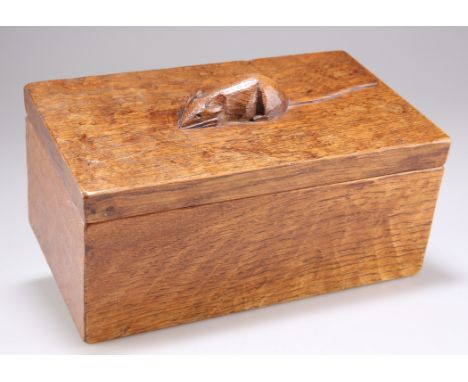 ROBERT THOMPSON OF KILBURN, A MOUSEMAN ADZED OAK TRINKET BOX, of rectangular form with lift-off cover, with carved mouse sign