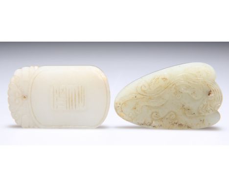 TWO JADE PLAQUE CARVINGS, carved in low relief, one with prunus, the other with a quilin. (2) 5.2cm by 3.3cm and by 3.2cmCOND