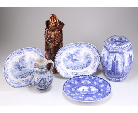 A PAIR OF MINTON 'GENEVESE' OPAQUE CHINA SMALL PLATES, 21cm long; A TREACLE GLAZED BEGGING SPANIEL JUG; A MALING RINGTONS TEA