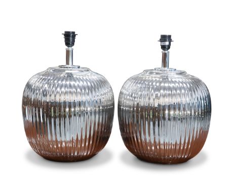 A PAIR OF CONTEMPORARY CHROME EFFECT LAMP BASES, of reeded globular form. (2) 45.5cm high to top fitting