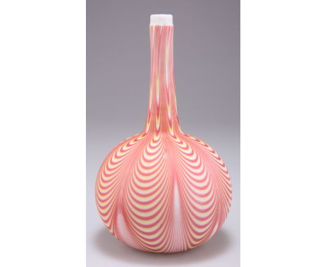 A VICTORIAN OVERLAID GLASS FLASK, POSSIBLY NAILSEA, with bulbous base and tapering slender neck, the "twisted" design giving 