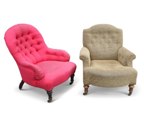 TWO VICTORIAN BUTTON-BACK COUNTRY HOUSE CHAIRS, the first with fluted forelegs and stamped numbers; the second with turned ta