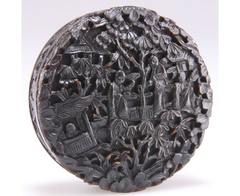 A 19TH CENTURY CHINESE CARVED TORTOISESHELL SNUFF BOX, CANTON, circular, carved to the top and bottom with figures and prunus