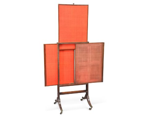 A 19TH CENTURY MAHOGANY FIRESCREEN, the moulded rectangular frame with ebonised inlay, three pull-out screens, raised on down