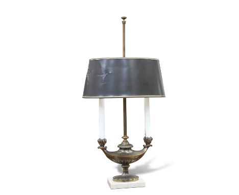 A PERIOD STYLE BRASS BOUILLOTTE LAMP, of urn form, raised on a rectangular marble plinth. 68cm high overall