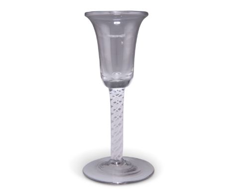 A GEORGIAN DOUBLE SERIES OPAQUE TWIST WINE GLASS, the bell-shaped bowl above a double series stem with a corkscrew thread and