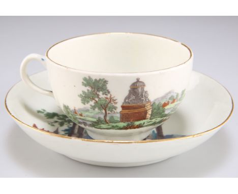 A WORCESTER PORCELAIN 'EUROPEAN RUINS' TEACUP AND SAUCER, CIRCA 1765,&nbsp;printed and enamelled with figures amongst ruins, 