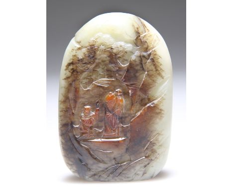 A JADE MOUNTAIN CARVING, in low relief depicting a scholar and attendant in a mountainous landscape. 7.5cm by 5cm by 1.5cmVie