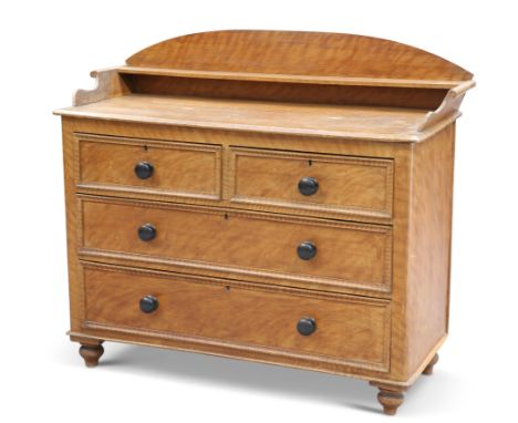 A VICTORIAN GRAIN-PAINTED PINE CHEST OF DRAWERS, raised on turned feet with a shelf back and two short over two long graduate