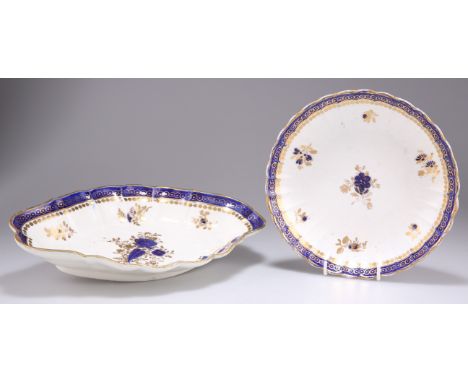 FOUR PIECES OF CAUGHLEY 'DRESDEN FLOWERS' PORCELAIN, CIRCA 1780-1785, comprising A FLUTED DISH; A SHELL SHAPED SERVING DISH; 