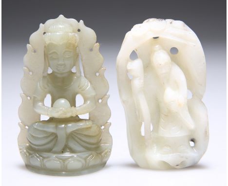 A JADE CARVING OF A SEATED BUDDHA, upon a lotus throne, 6.3cm by 4cm; and A JADE CARVING OF A SCHOLAR BENEATH A PINE BOUGH, 6