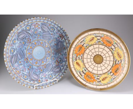 TWO CHARLOTTE RHEAD FOR CROWN DUCAL TUBE LINED POTTERY CHARGERS, including A 'BLUE TULIPS KASHMIR' PATTERN PLAQUE, no.4794, 3