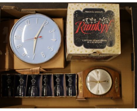 A Metamec wall clock; a mantel clock; a Rumtoft jar in original box etc.