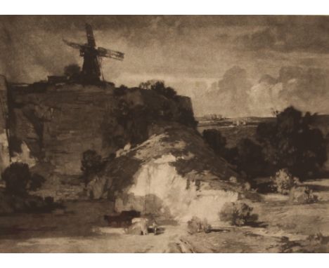 Leonard Russel Squirrell, mezzotint depicting a Gorge near Needham Market with cattle and windmill in background, 23cm x 31cm