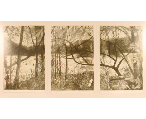 Edith Cowlishaw Australian, pencil signed lithograph triptych depicting Kurling Gai Water, edition 5/8, panels measuring 50cm