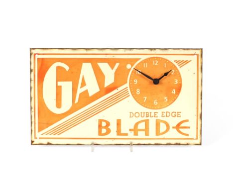 An Art Deco style wall clock, advertising "Gay double edged razor blades"