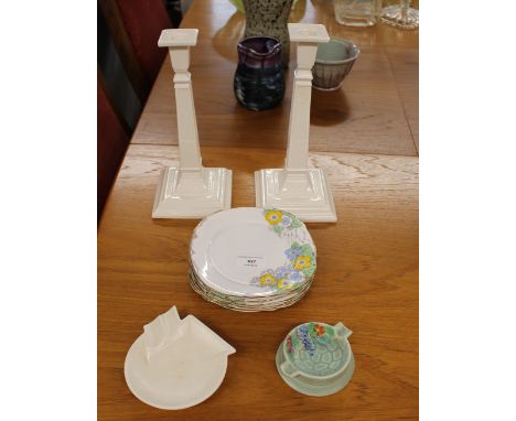 A pair of Leeds ware candlesticks, one AF; a Carlton ware ashtray; five Art Deco style side plates and a Spode Velamour ashtr