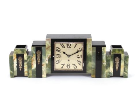 An Art Deco black and green marble clock set