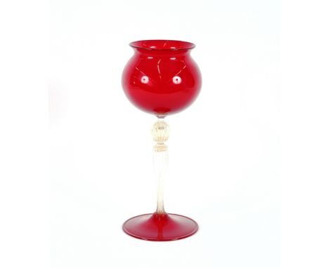 A Murano glass ruby and gilt decorated tall goblet, 32cm high