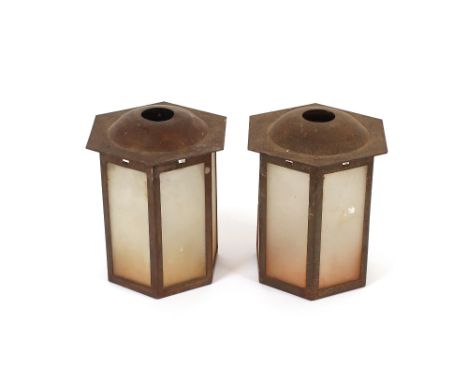 A pair of coppered Art Deco design hexagonal lamp shades