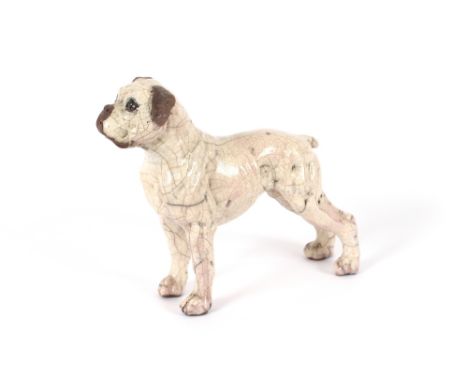 A pottery figure of a boxer dog, signed to the under-side "K. Rudge", 26cm