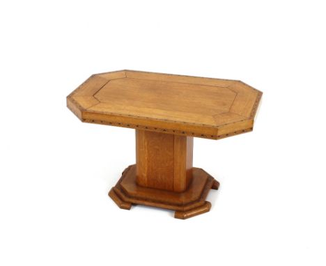 A good quality light oak and chequer inlaid octagonal occasional table, raised on a platform base and bracket feet, 76cm