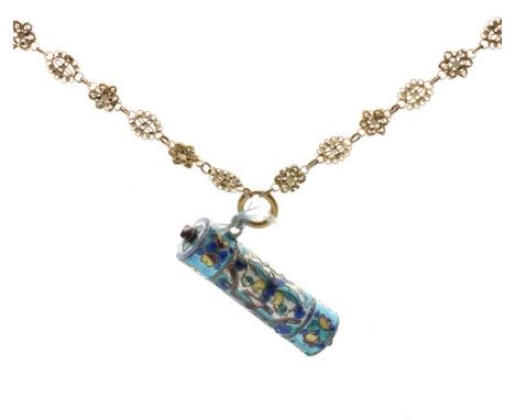 Unmarked filigree gilt metal necklace, together with an enamel cylinder shaped holder   Condition: 