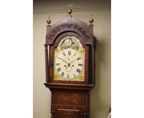 19th Century inlaid mahogany longcase clock by P. Pedrene of Bristol, the hood having a carved and moulded pediment, arch sha