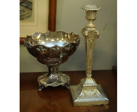 Silver plated pedestal fruit bowl with wavy rim, and silver plated column candlestick of tapering square form with rams head 