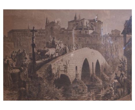 Axel Herman Haig (1835-1921) - Large engraved print - Procession crossing a stone river bridge before a cathedral, signed in 