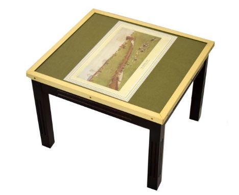 Set of 1970's period occasional tables, each having a glazed top with hunting print within brass frame on fluted supports   C