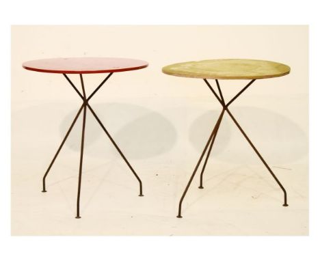 Modern Design - Two circular occasional tables with red and yellow tops respectively, each on tubular tripod support   Condit