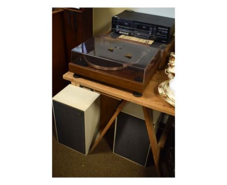 Trio turntable record player model KP1022, twin cassette deck KX65CW and KR3400 stereo receiver, together with a pair of KEF 