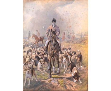 Early 20th Century overpainted print - A huntsman with hounds, 38.5cm 28cm, framed and glazed   Condition: 
