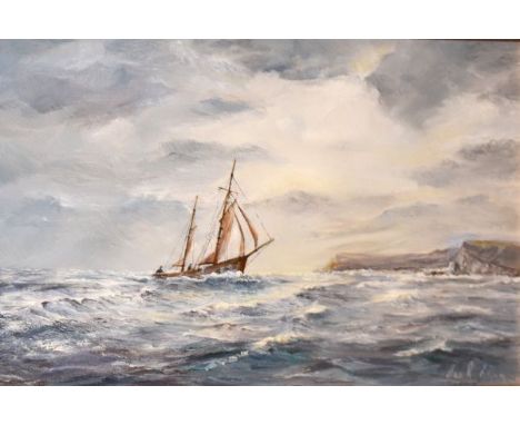 Hank Adlam - Oil on canvas - Seascape with sailing vessel, signed, 29.5cm x 49cm, framed   Condition: 