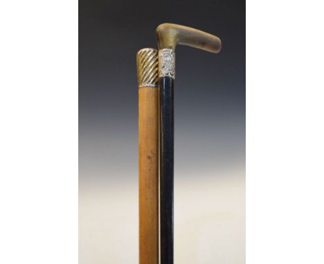 Victorian Malacca walking stick, the silver handle hallmarked for London 1891, together with a Victorian horn handled walking