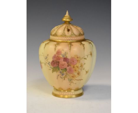 Royal Worcester blushware pot pourri, having typical gilt highlighted floral decoration, pierced lid and inner cover, printed