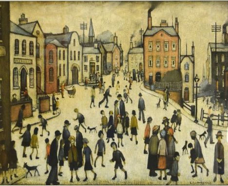After LS Lowry - Coloured photographic print by Ganymed Reproductions entitled 'A Village Square', 44cm x 59.5cm, framed and 