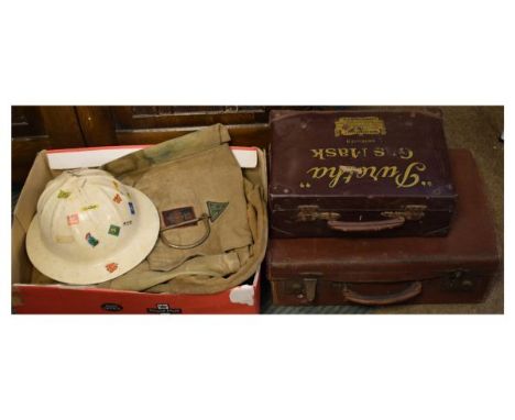 Two suitcases, the first for 'Puretha Gas Mask' with gilt label for Siebe Gorman & Co London (vacant), together with army sty