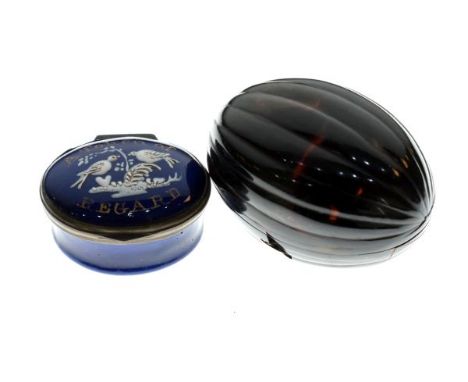 Late 18th/early 19th Century blue enamel oval patch box decorated with birds amongst foliage and script 'A token of regard', 