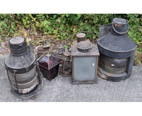 Selection of assorted lamps to include; starboard corner lantern, iron hanging lantern, ships lantern, yellow painted stable 