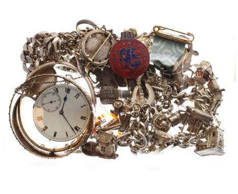 Assortment of silver, white metal and other jewellery to include; charm bracelet with over 20 charms to include; reticulated 