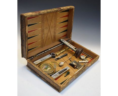 19th Century Morocco bound folding chess board, containing interesting miscellanea including thermometer, turned bone items e