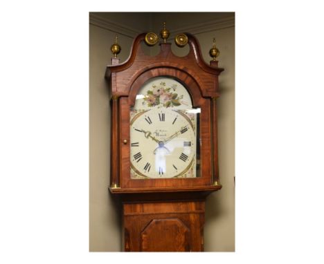 Victorian oak and mahogany longcase clock by James Weston of Newark, the hood with swan neck pediment, arch shaped glazed doo
