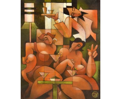 Modern acrylic on board - Art Deco style study of two ladies and a cocktail waiter, signed with initials T.B. and dated '08, 