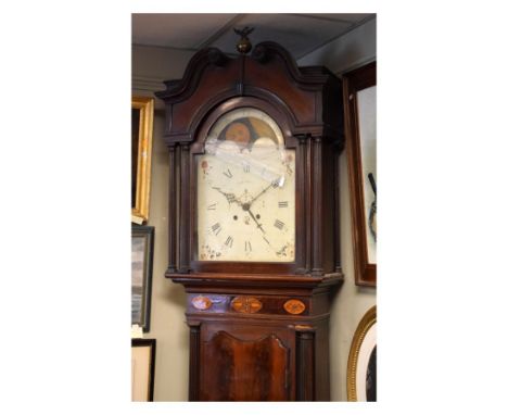19th Century inlaid mahogany longcase by Thomas Green of Liverpool, the hood with moulded swan neck pediment, arch shaped gla