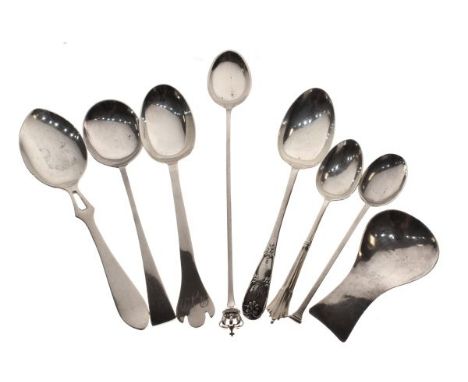 A.E. Jones hammered silver caddy spoon, Chester 1922, together with various other silver spoons, combined weight 5oz approx  