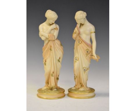 Pair of Royal Worcester blushware figures - Joy and Sorrow, printed marks and date codes for 1899 and 1900, 25cm high   Condi