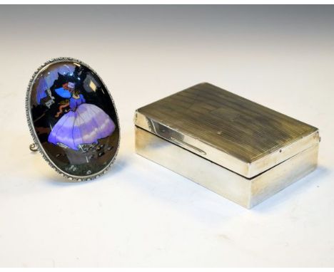George V silver rectangular box, Birmingham 1929, together with a George V silver and butterfly wing oval easel picture, Birm