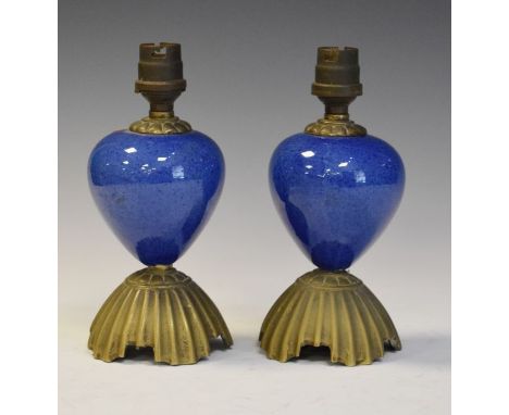 Pair of early 20th Century brass and blue speckled glazed ceramic table lamps   Condition: 